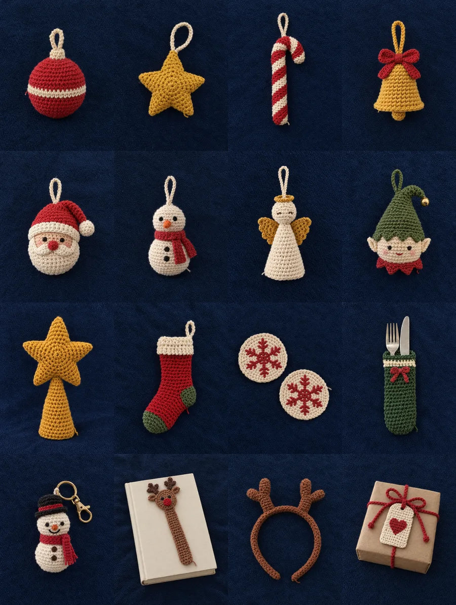 16 de los 40 adornos de Navidad: esferas, estrellas, bastón, campana, Santa, mono de nieve, ángel, duende, bota, posavasos, llavero y regalos