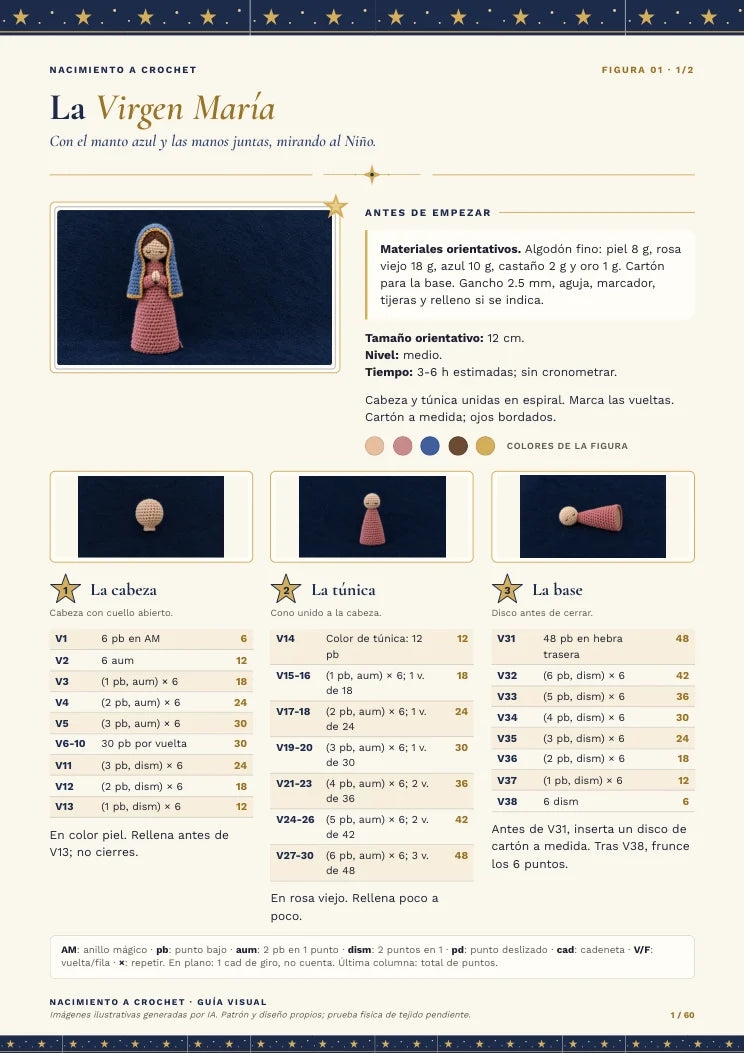 Página 1 de la Virgen María: materiales, colores y tablas de vueltas de la cabeza, la túnica y la base